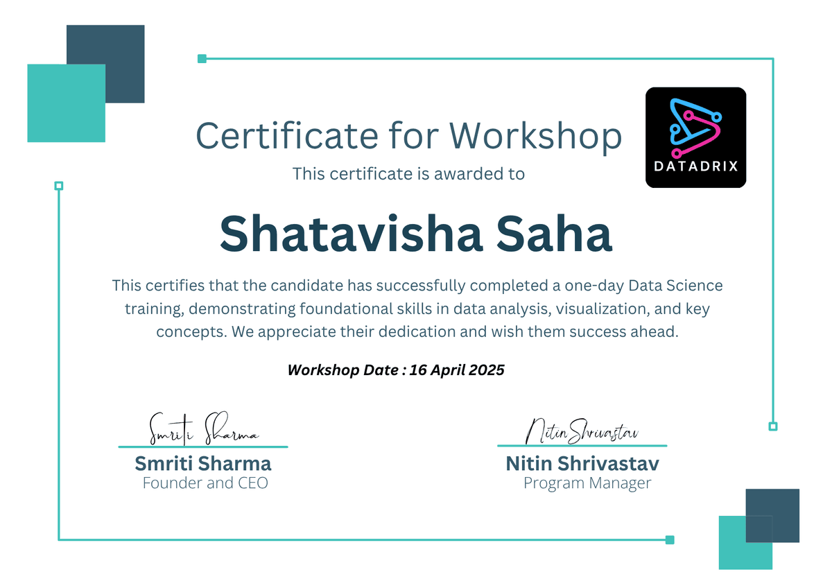 Official Datadrix Certificate for Workshop